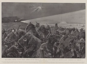 The Guerilla Warfare in South Africa, General De Wet, screened by a Herd of Cattle, rushing the Kroonstad-Lindley Blockhouse Line, 6 February